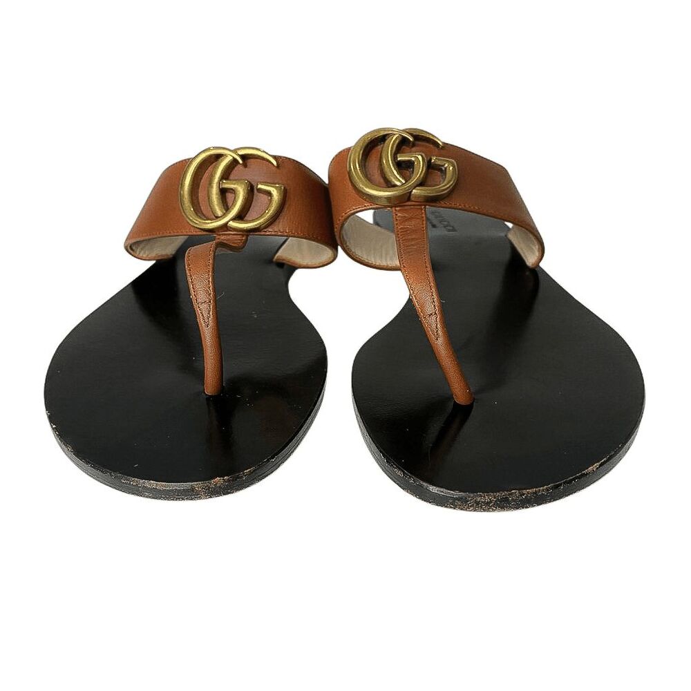Gucci Marmont Double GG Logo Thong Sandals Brown Leather EU 36 US 6 Flat Slide - Picture 2 of 9
